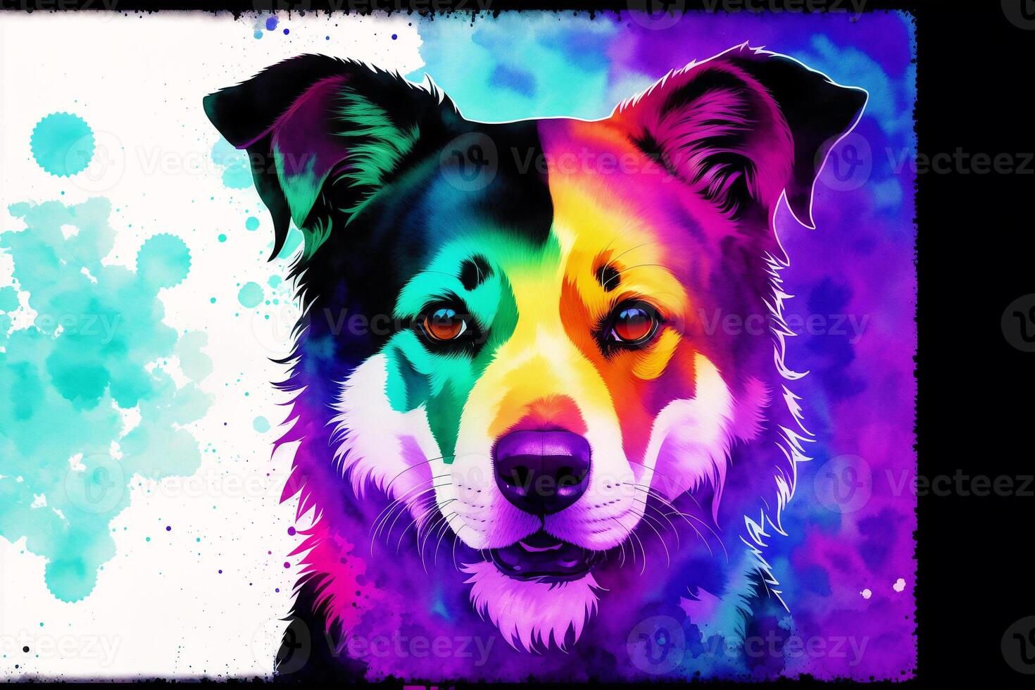 Illustration of a dog with colorful ink painting on grunge background. Digital art, photo
