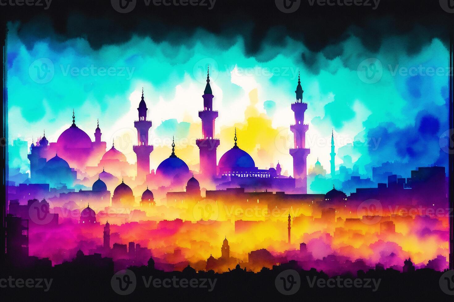 Silhouette of mosque on colorful background. Ramadan Kareem. Abstract colorful background. Watercolor paint. Digital art, photo