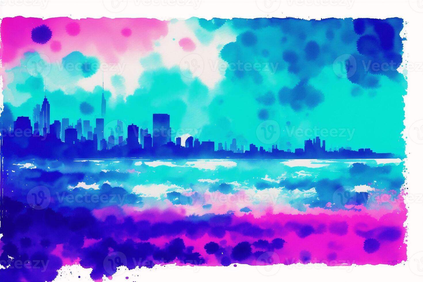 Abstract colorful watercolor background with skyscrapers. beautiful silhouette of the city. Digital art, photo