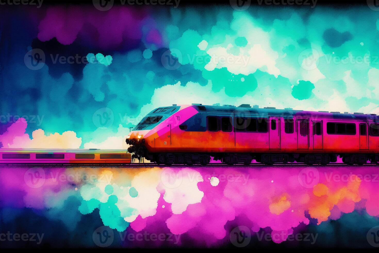 Modern high-speed train on the background of the city. Watercolor paint. Digital art, photo