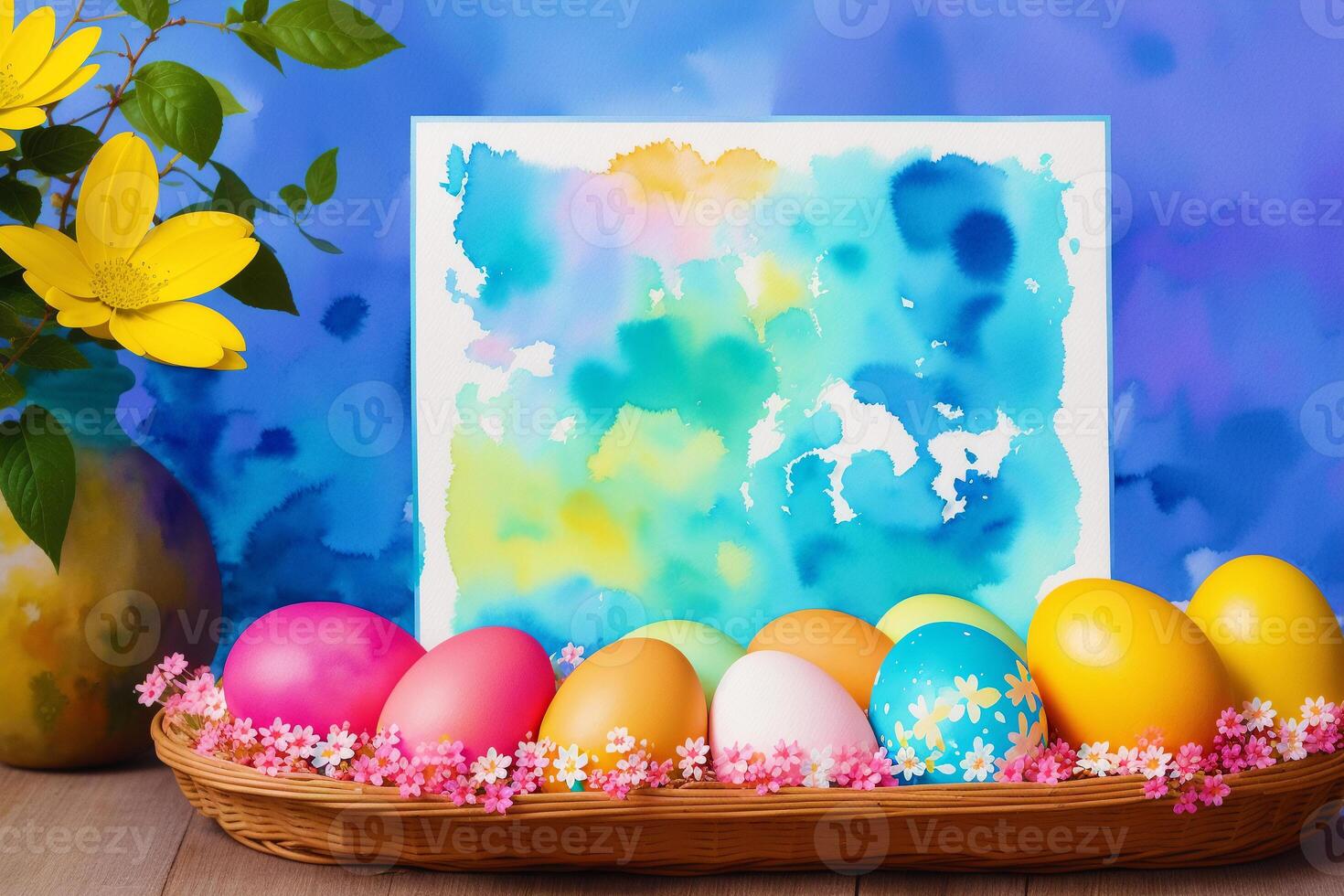 Easter postcard. Colorful easter eggs and watercolor paints on a wooden background. Watercolor paint. Digital art, photo