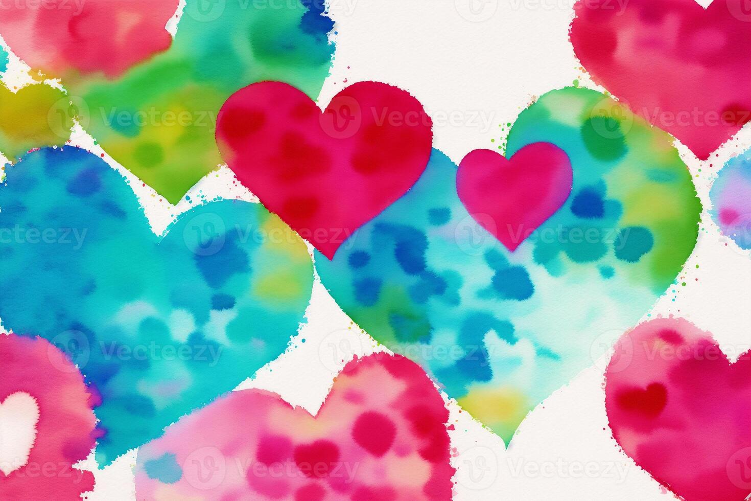 Valentine's day postcard. Watercolor hearts on the watercolor background. Valentine's day. Watercolor paint. Digital art, photo