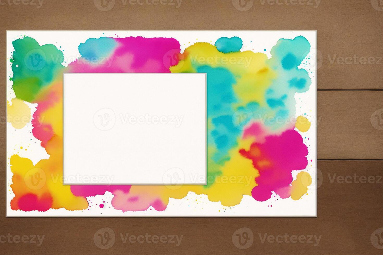 Easter postcard. Colorful easter eggs and watercolor paints on a wooden background. Watercolor paint. Digital art, photo