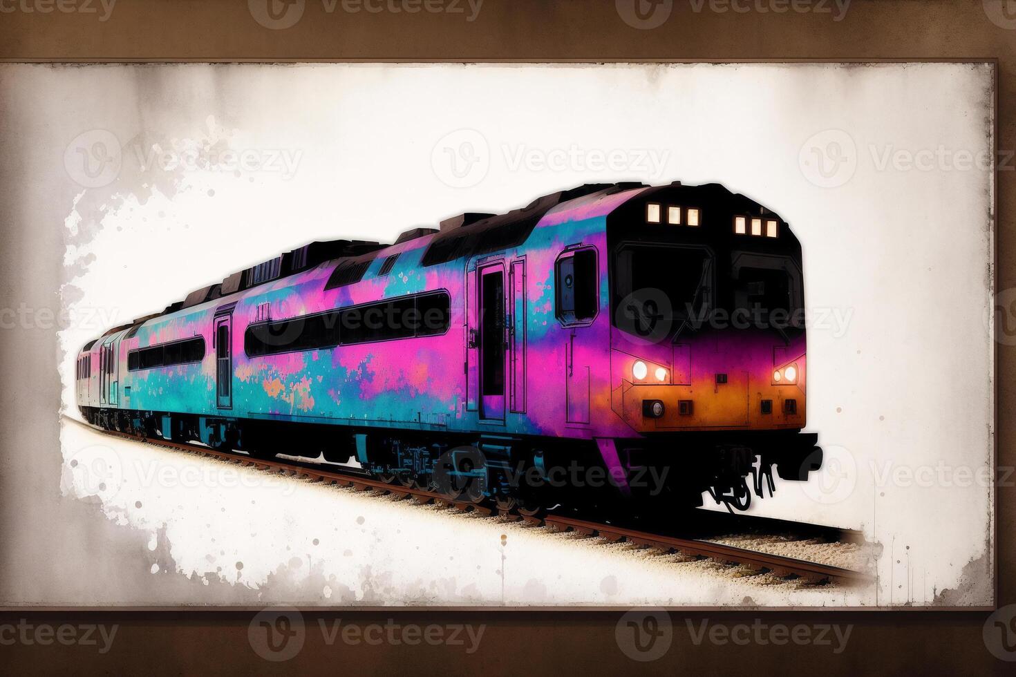 Modern high-speed train on the background of the city. Watercolor paint. Digital art, photo