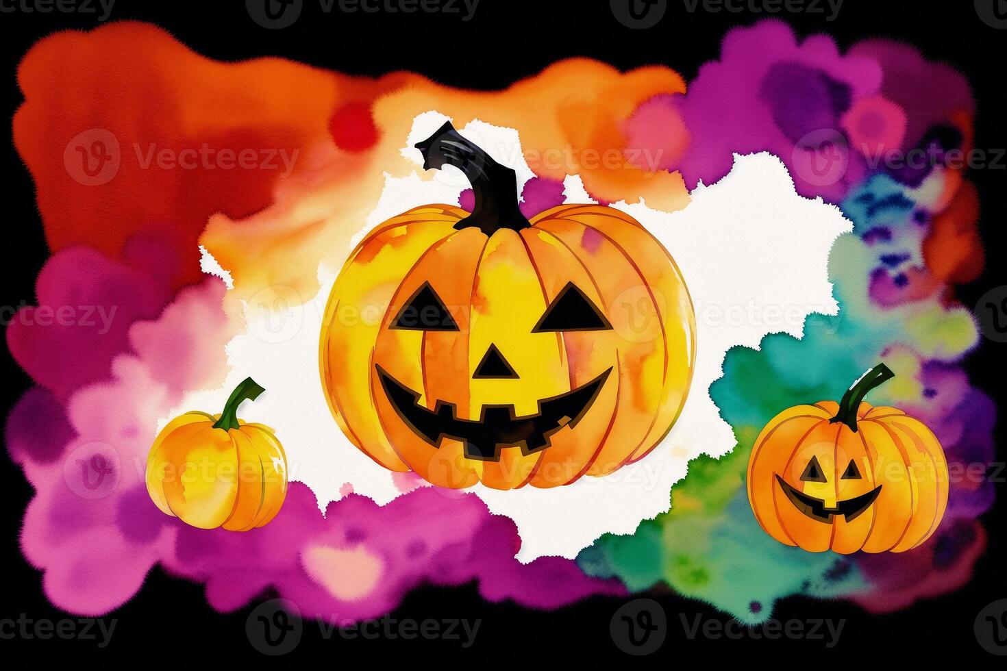 Halloween postcard. Halloween background with pumpkins and watercolor splash. Watercolor paint. Digital art, photo