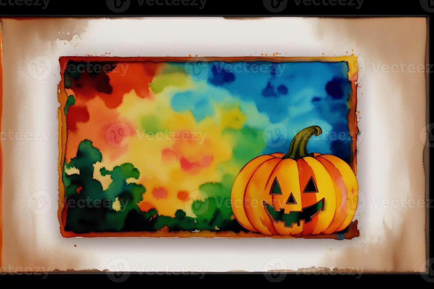 Halloween postcard. Halloween background with pumpkins and watercolor splash. Watercolor paint. Digital art, photo