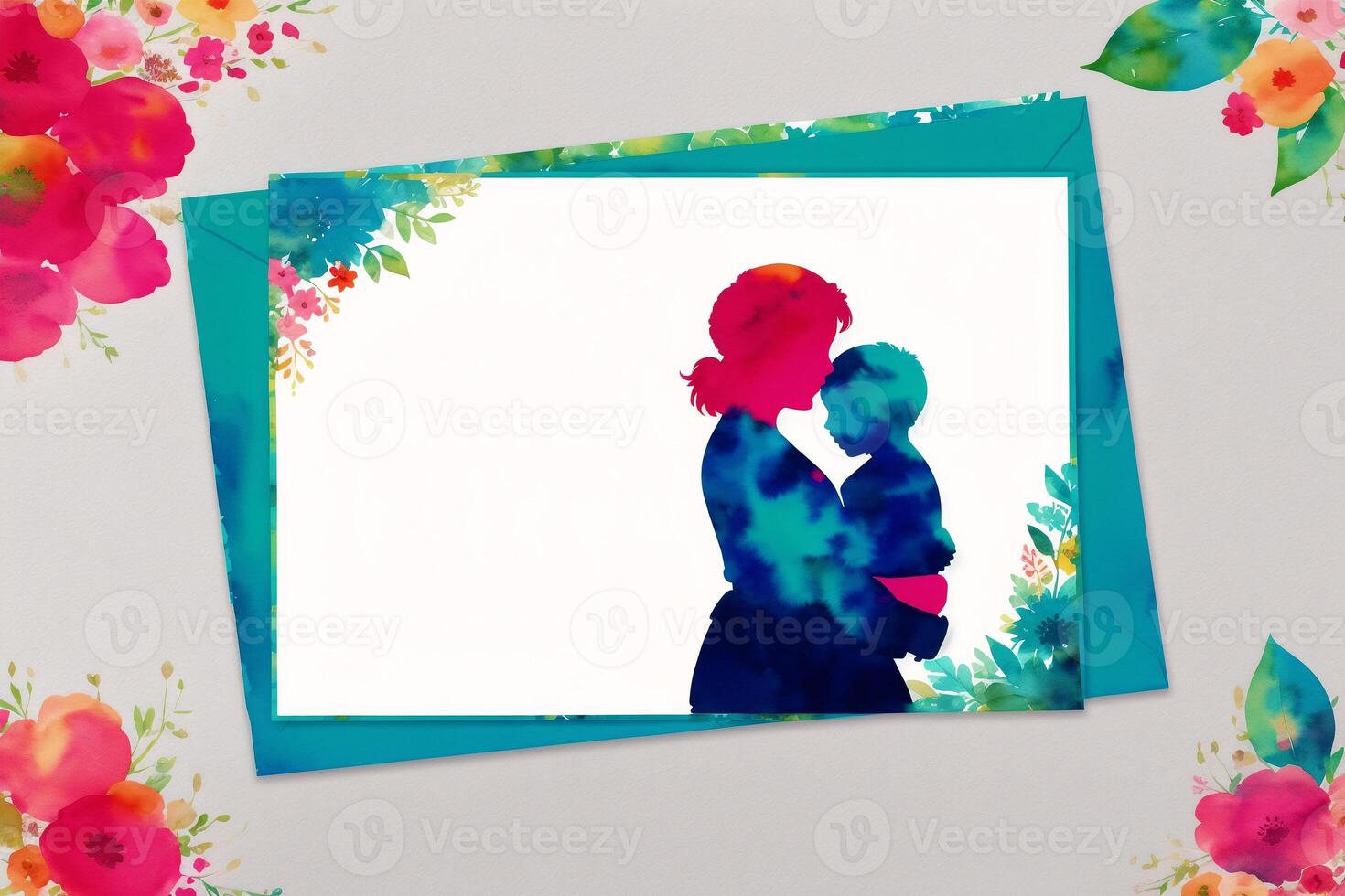 Mothers Day postcard. Mother s Day background. Watercolor paint. Copy space. photo