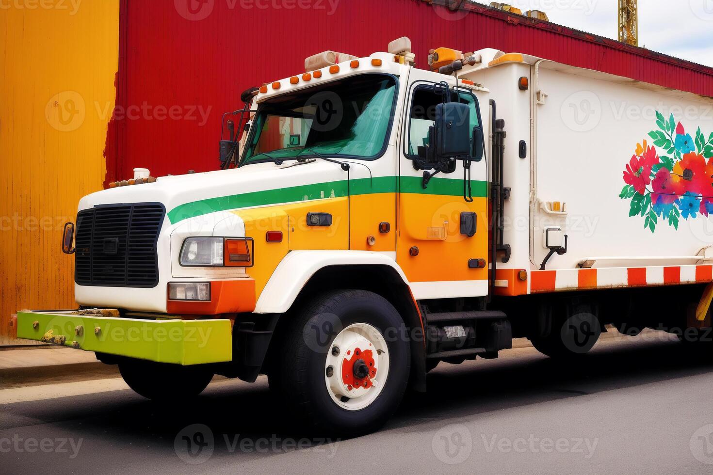A colorful truck. A colorful painting of a truck with a rainbow. colored trailer. Watercolor paint. Digital art, photo