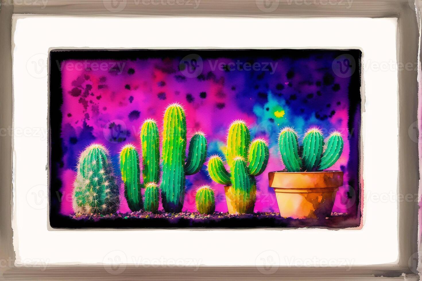 A colorful picture of a variety of cactuses. A colorful cactus painting. Watercolor paint. Digital art, photo