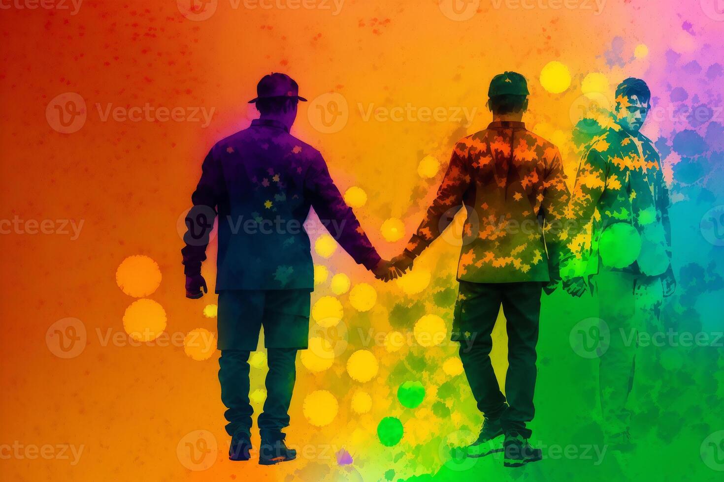 Pride Month. A colorful illustration of two men holding hands. Gay couple spending time together. Lgbtq. photo