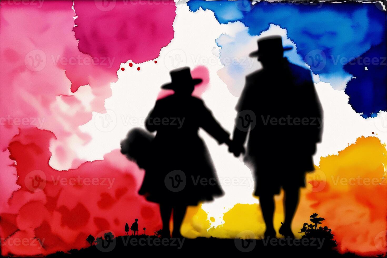 An illustration of old people. Watercolor paint. Happy family spending time together.Age Diversity. photo