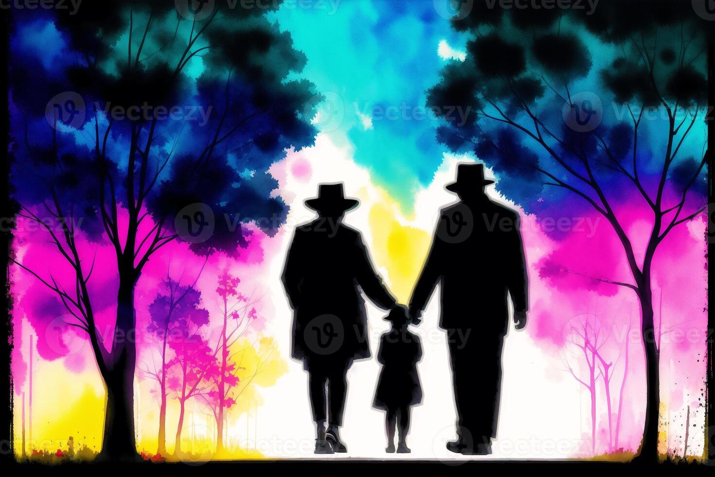 An illustration of old people. Watercolor paint. Happy family spending time together.Age Diversity. photo