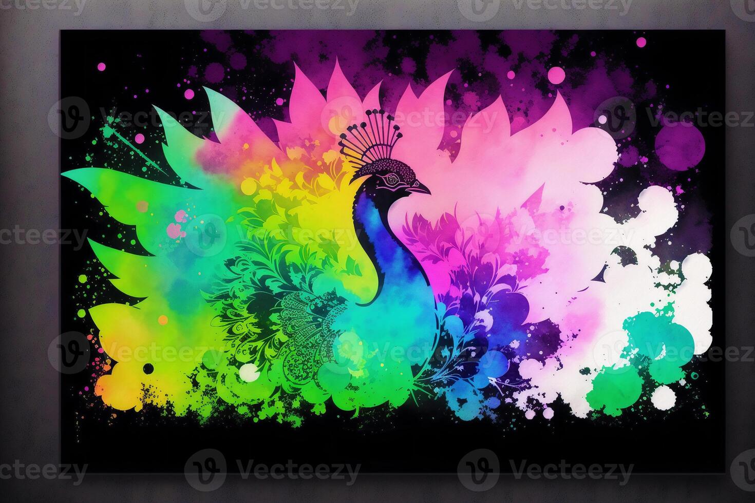 Illustration of a peacock on abstract watercolor background. Watercolor paint. Digital art, photo