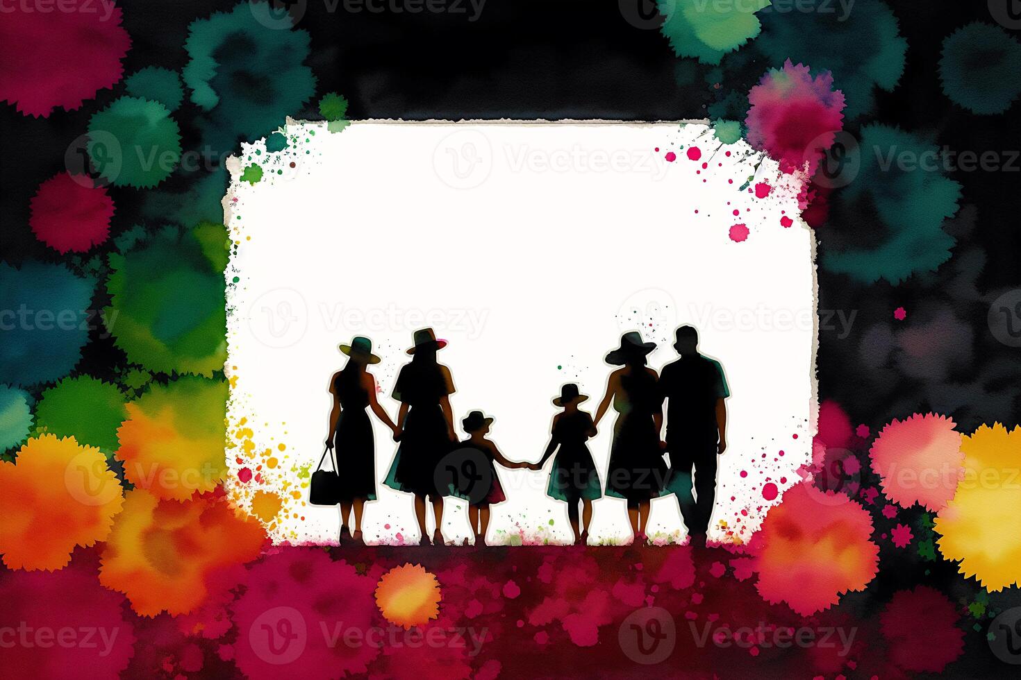 An illustration of A family. silhouette. Watercolor paint. Happy family spending time together.Age Diversity. photo