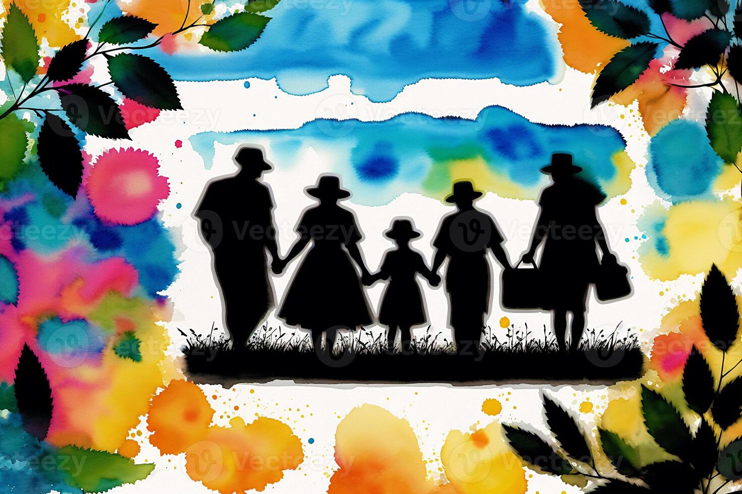 An illustration of A family. silhouette. Watercolor paint. Happy family spending time together.Age Diversity. photo