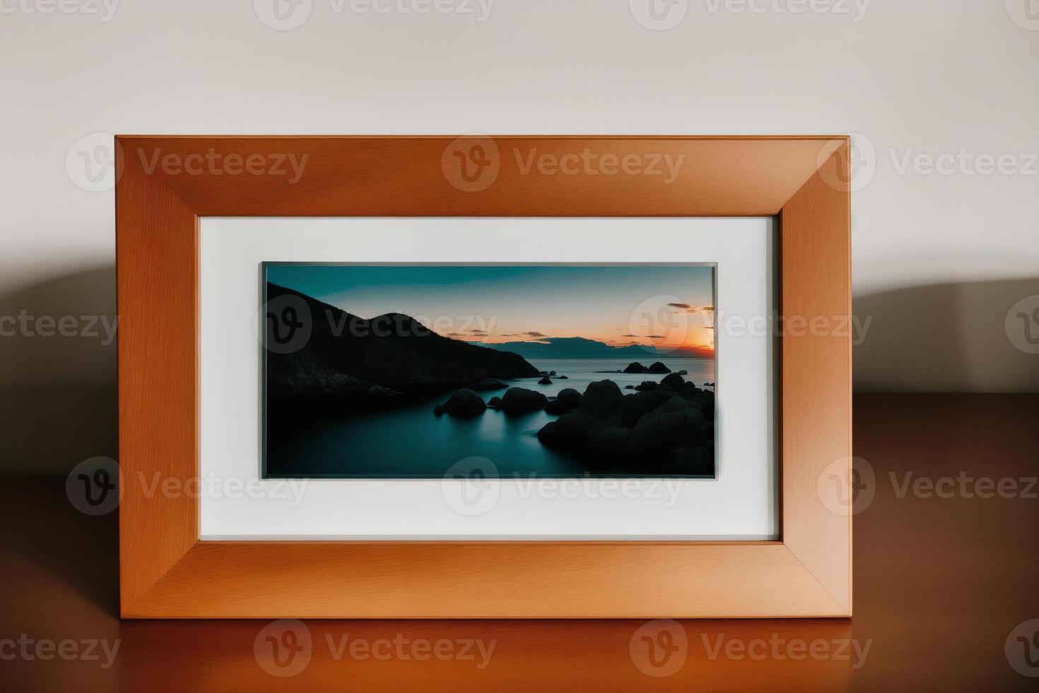 Photo frame on the wooden table. Blank wooden photo frame. Mock up.