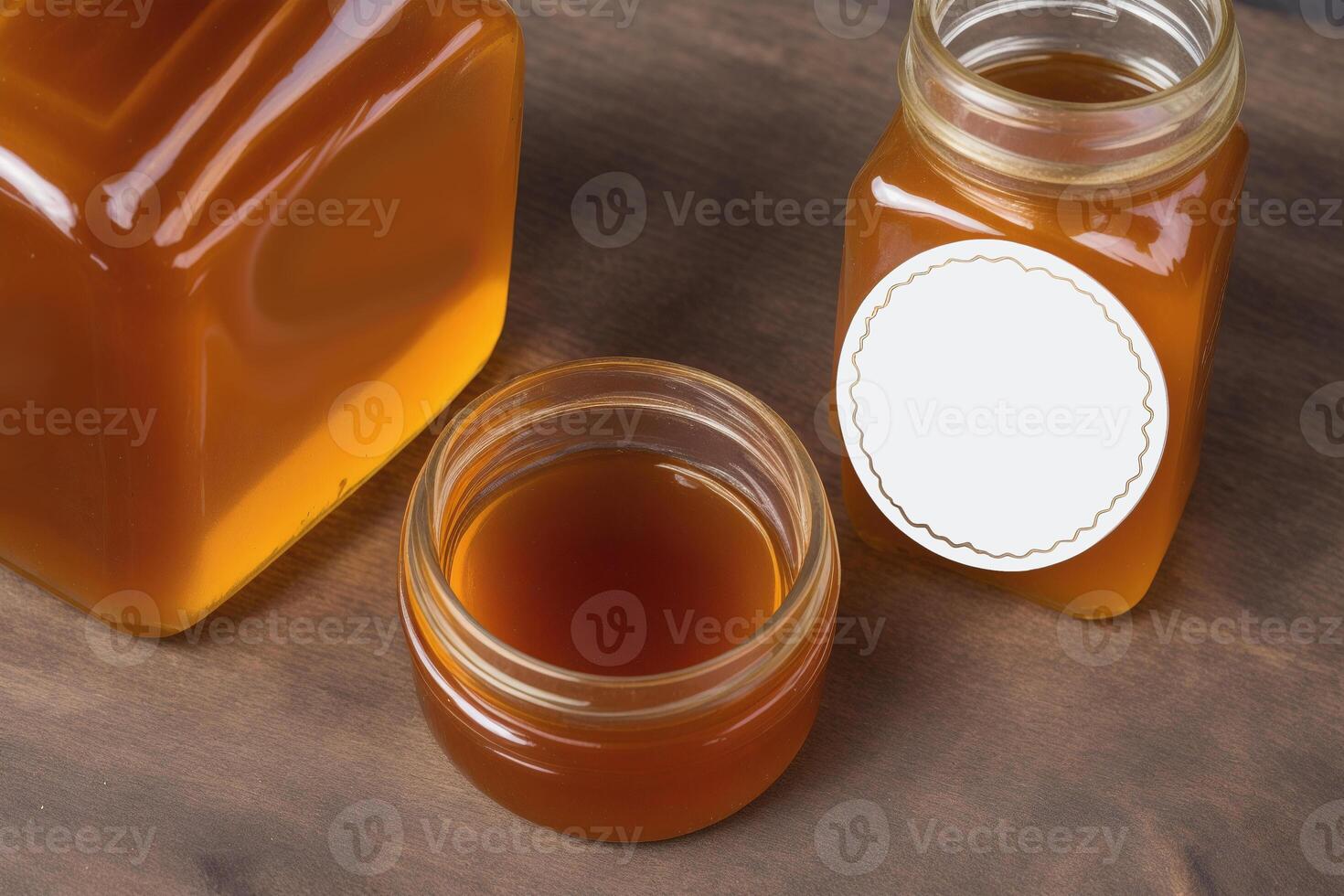 miel en un vaso tarro en un de madera antecedentes. selectivo enfocar. sano comida concepto. generativo ai foto