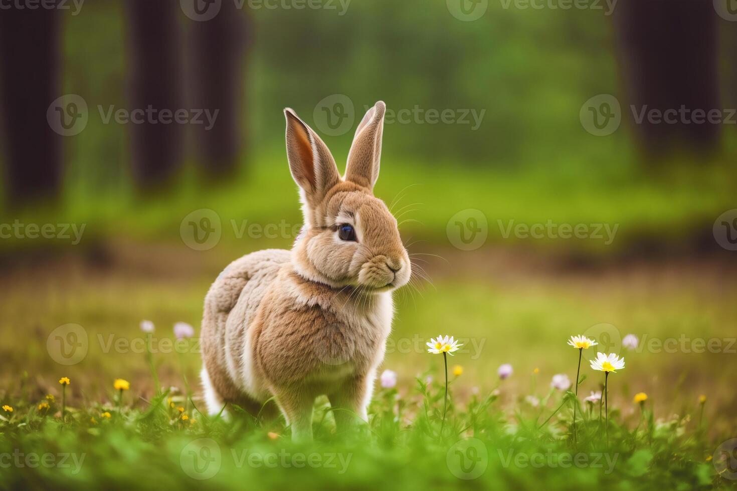 Rabbit in the forest at sunset. Animal in nature. Easter bunny. Wildlife scene. photo