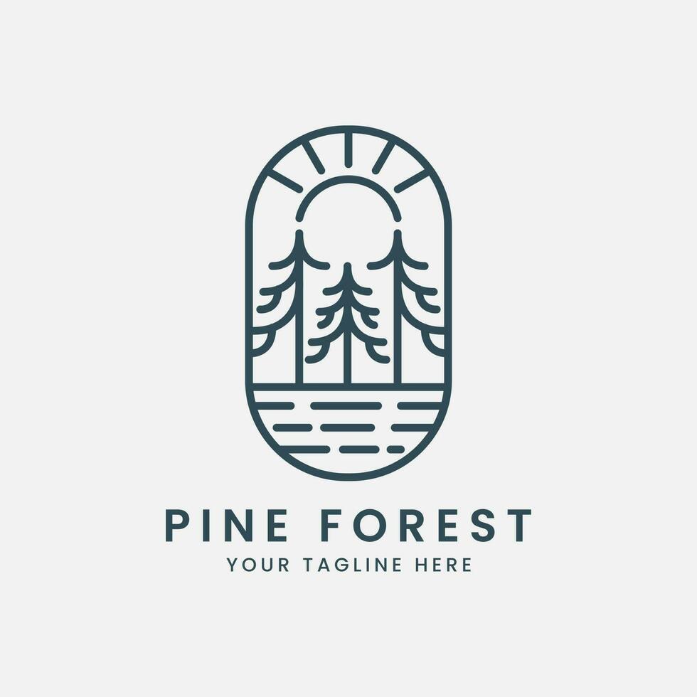 pine tree forest logo line art vector with emblem template illustration design