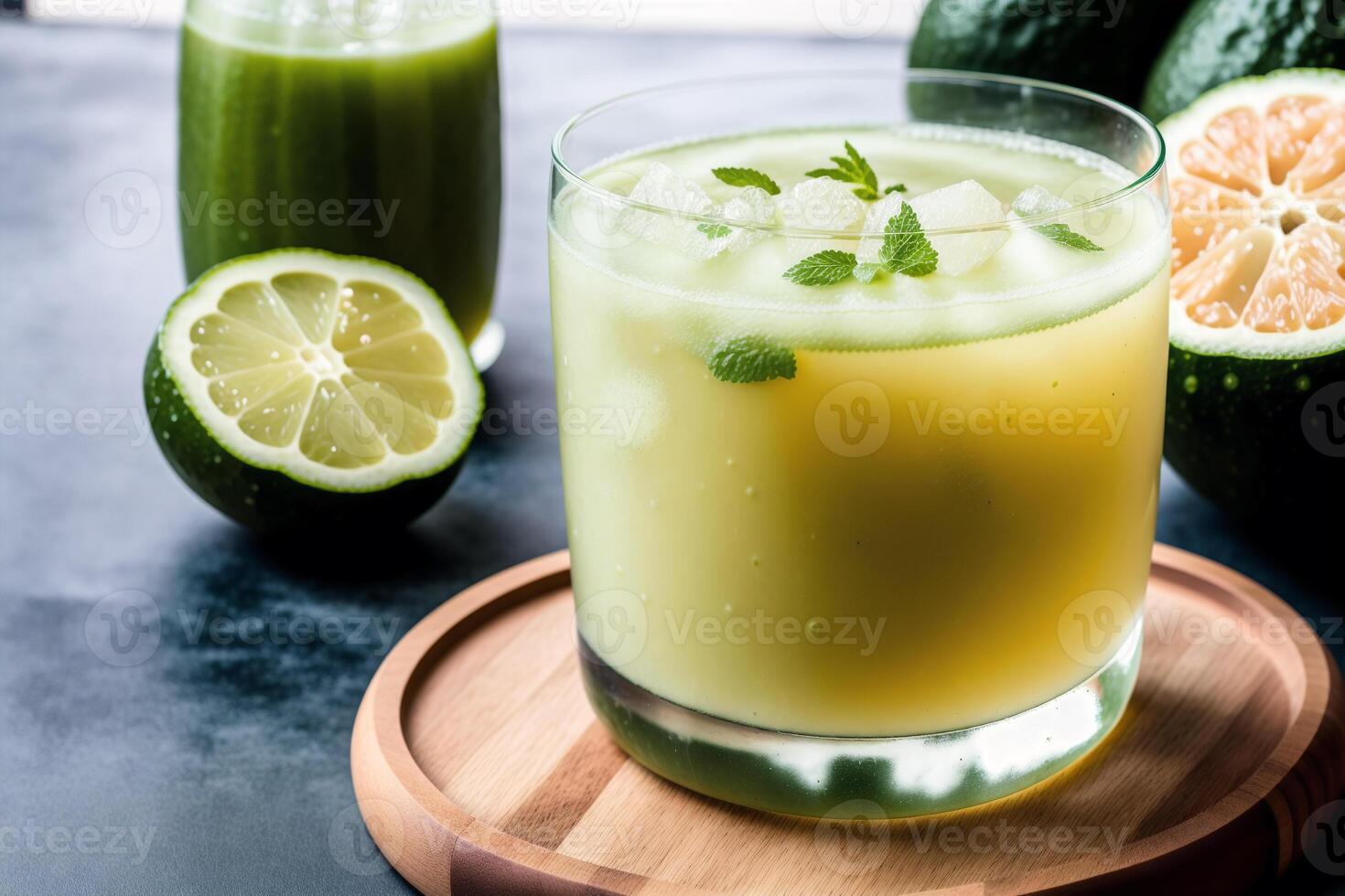 Cucumber smoothie in a glass on a black background. Green smoothie with lime and mint. Healthy food concept. photo
