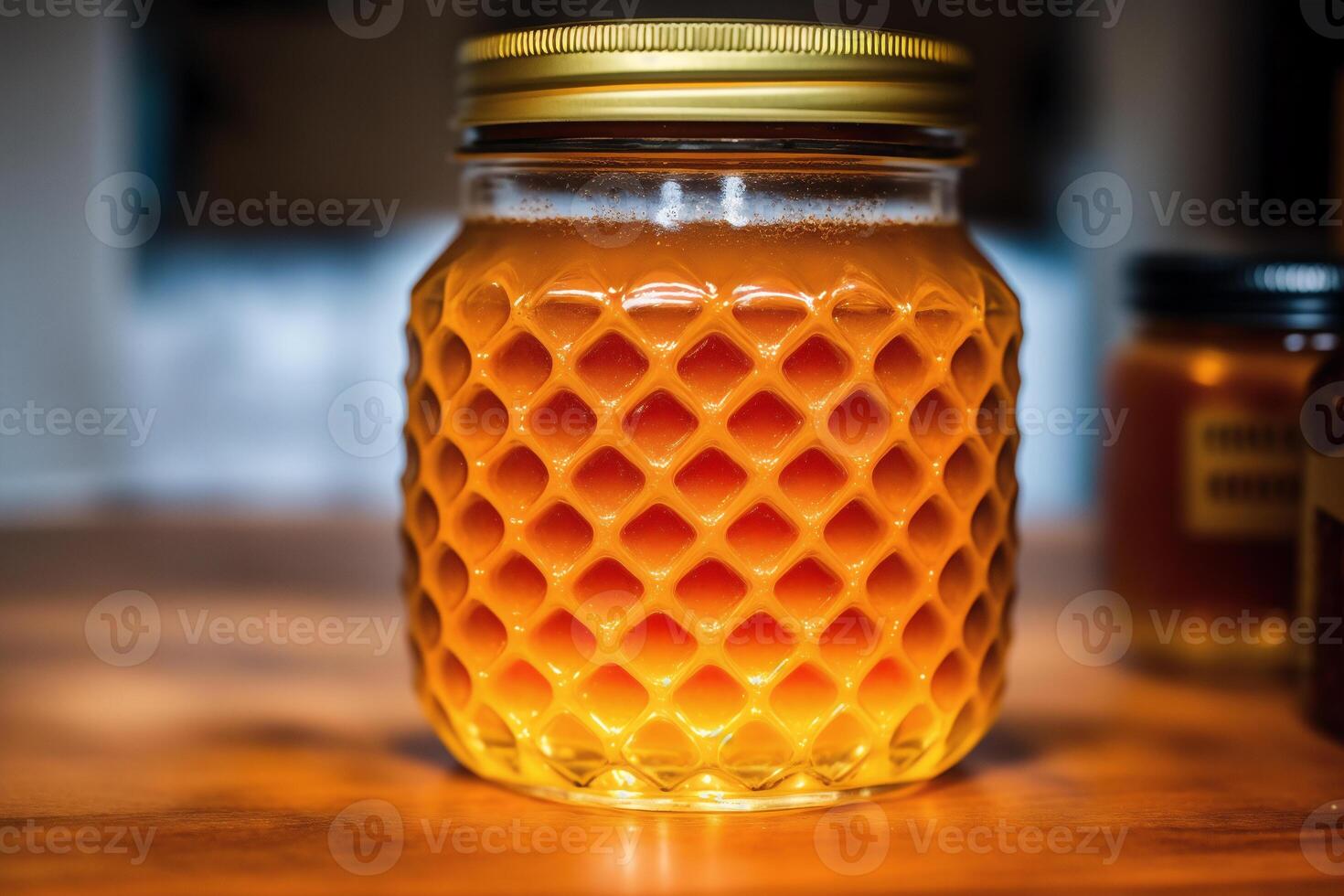 miel en un vaso tarro en un de madera antecedentes. selectivo enfocar. sano comida concepto. generativo ai foto