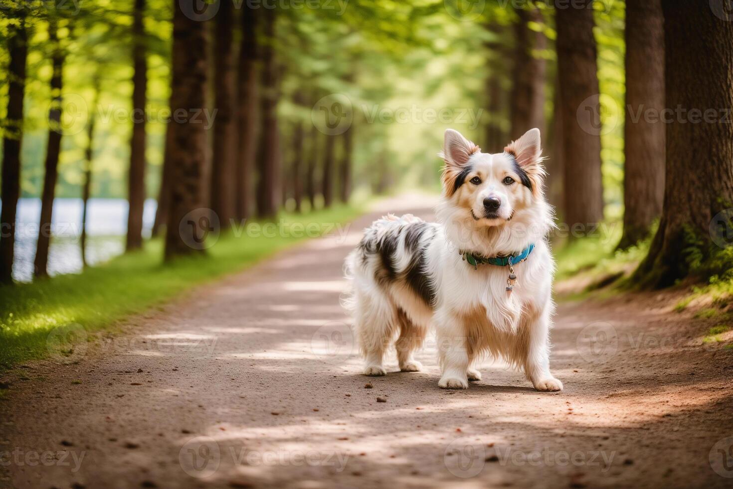 Portrait of a cute mixed breed dog lying on the grass in the park. photo