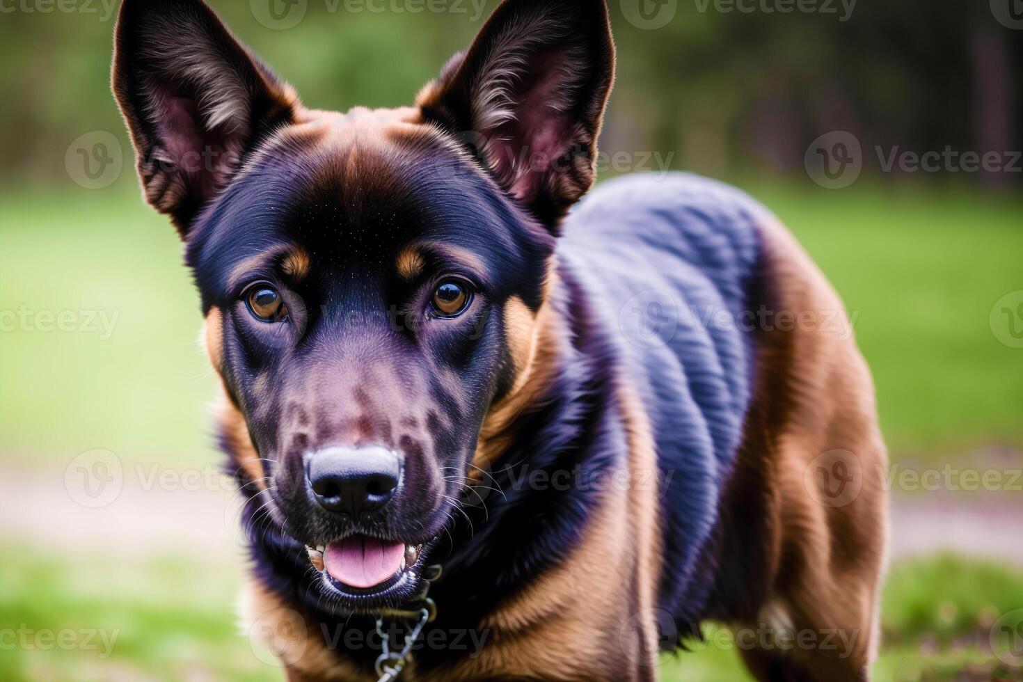Portrait of a beautiful Belgian Shepherd dog in the park. Belgian Malinois. photo