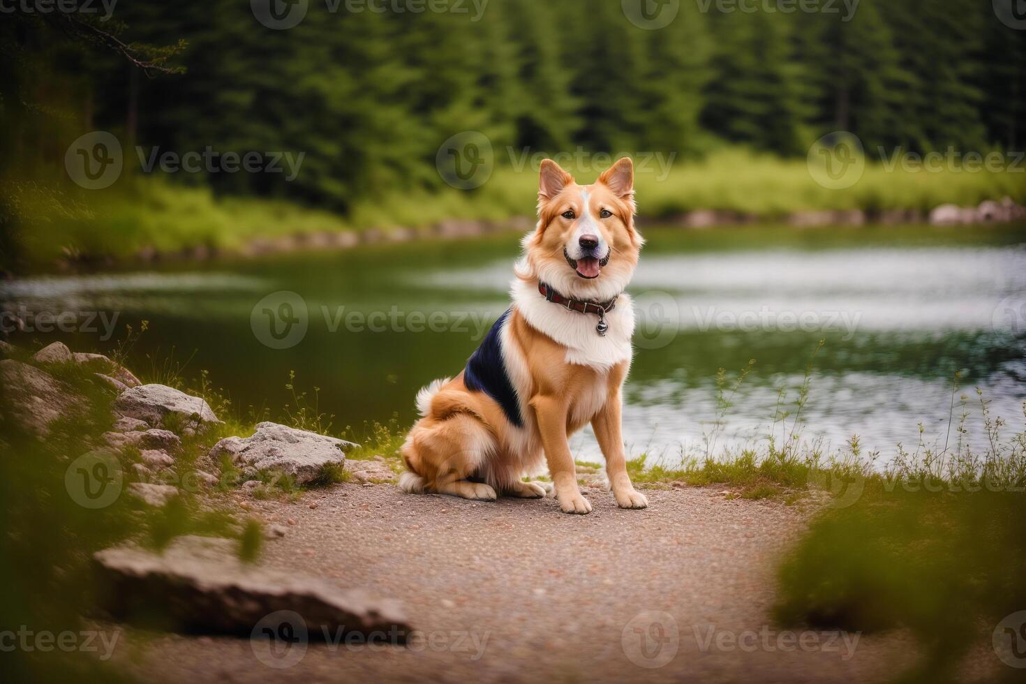 Portrait of a cute mixed breed dog lying on the grass in the park. photo
