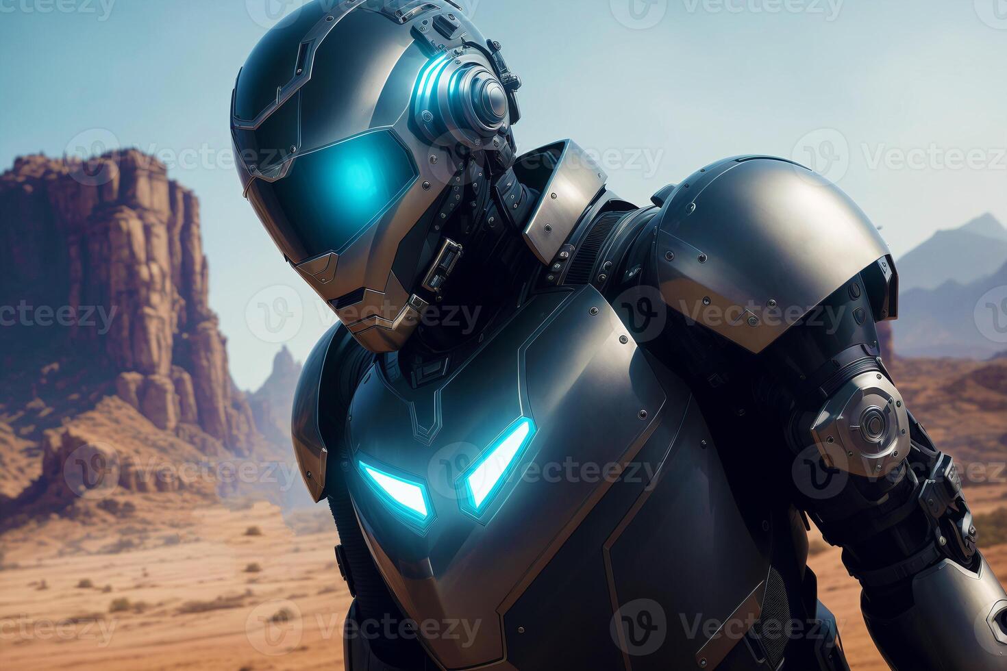 Close up of a robot standing on the background of a futuristic city. Humanoid. Digital art, Fantasy art, Anime, photo