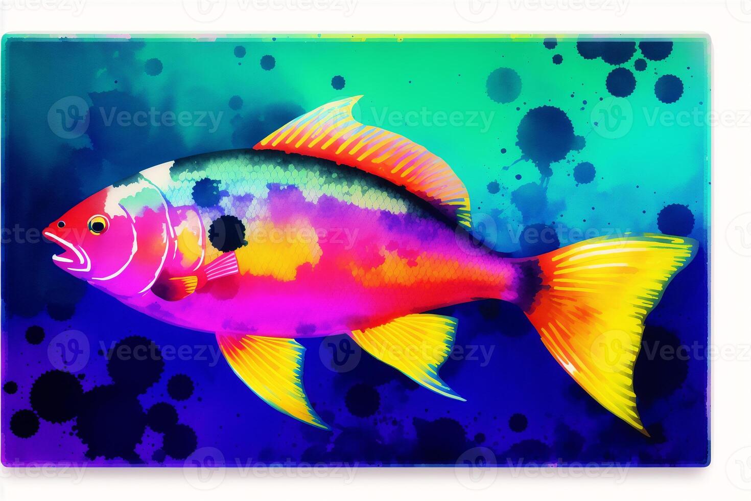 Colorful fish on abstract watercolor background. Digital art, photo