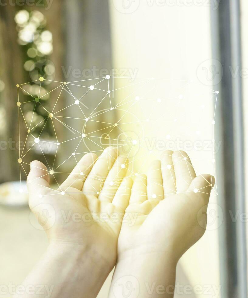 two hand of young  man open with blub  light of idea and polygon of technology, sketch light bulb on blur background photo