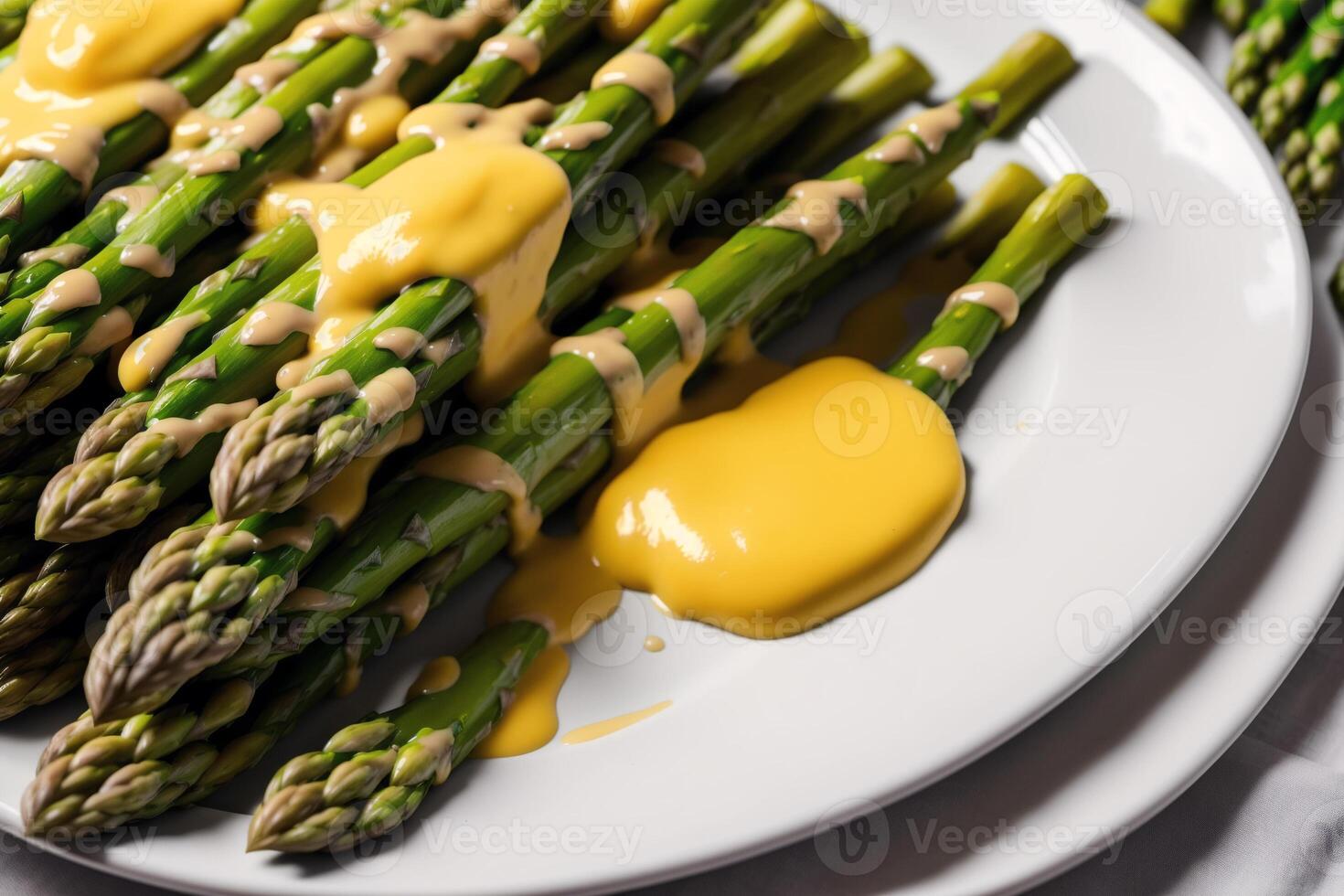 Asparagus with hollandaise sauce on a white plate, closeup. Healthy