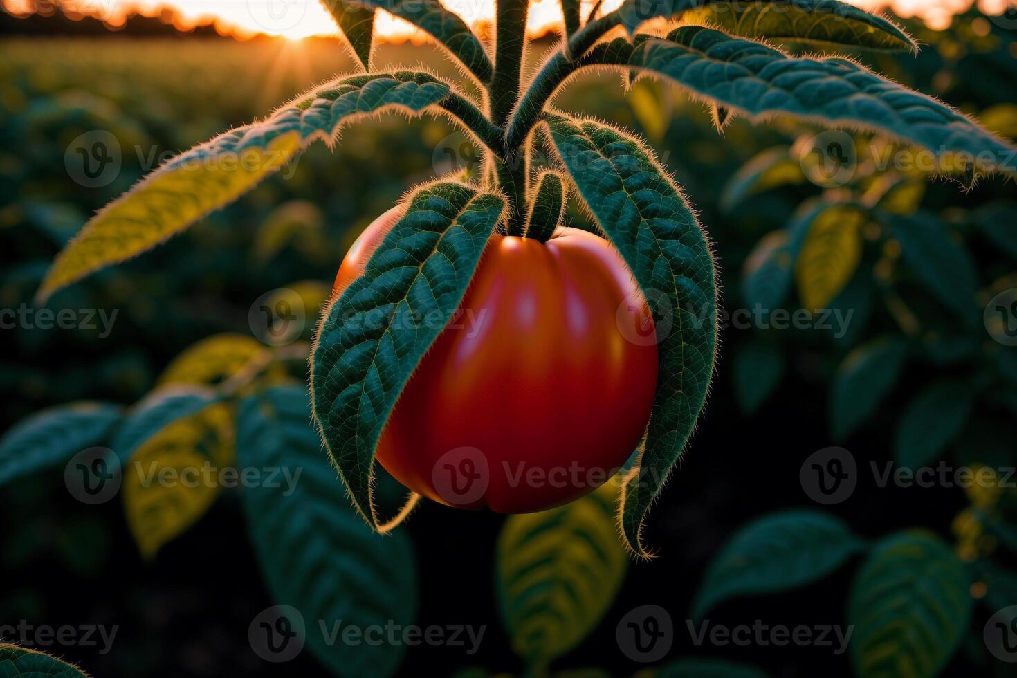 Ripe red tomatoes on the branches of a tomato plant in the garden. Close-up. Healthy food concept. photo