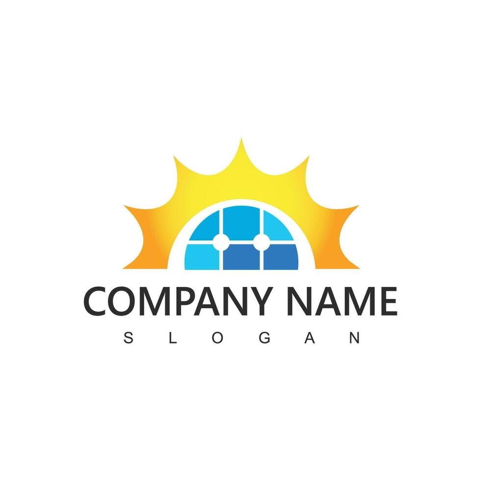 Solar Cell Logo, Renewable Energy Symbol Using Sun With Solar panel Icon vector