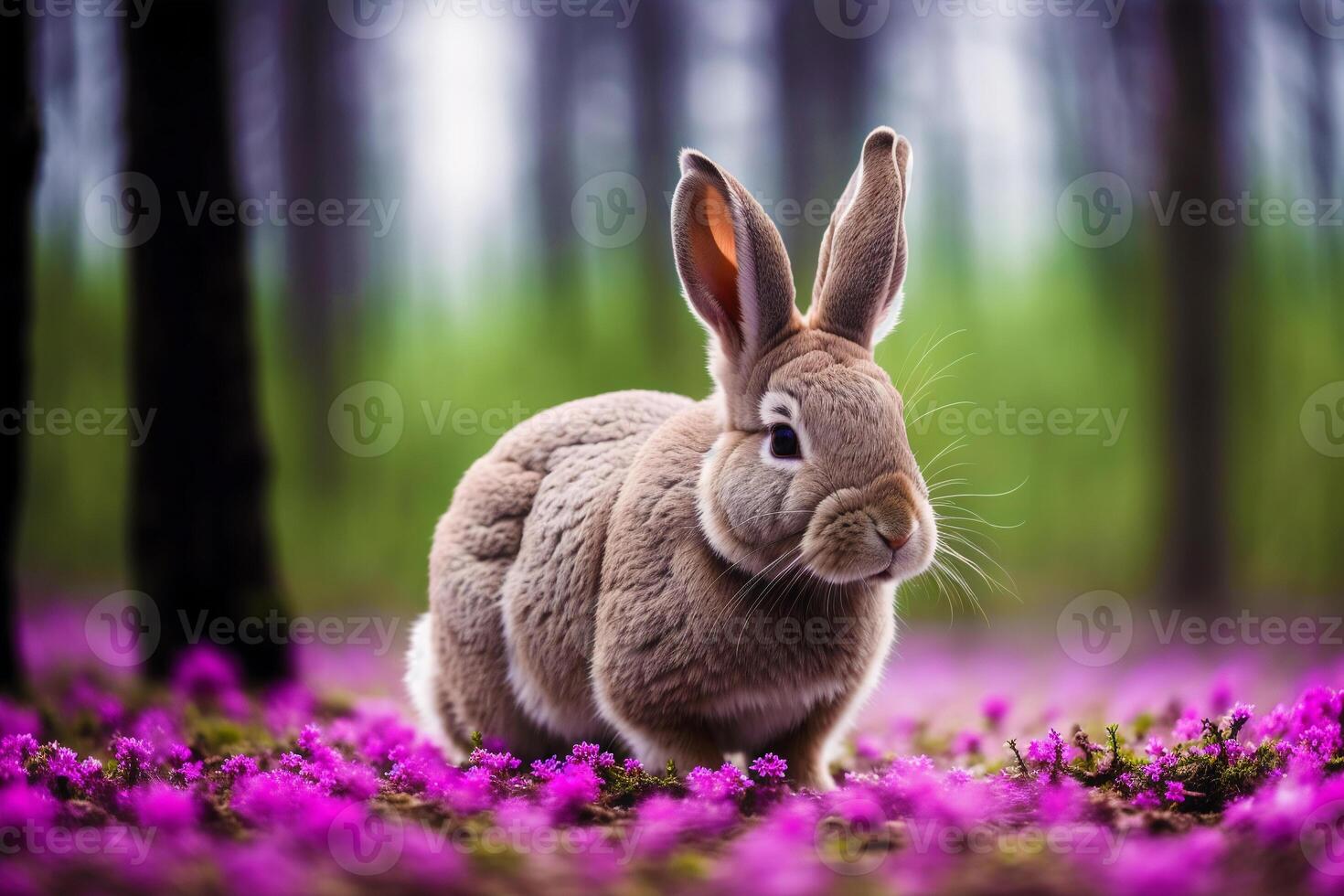 Rabbit in the forest at sunset. Animal in nature. Easter bunny. Wildlife scene. photo
