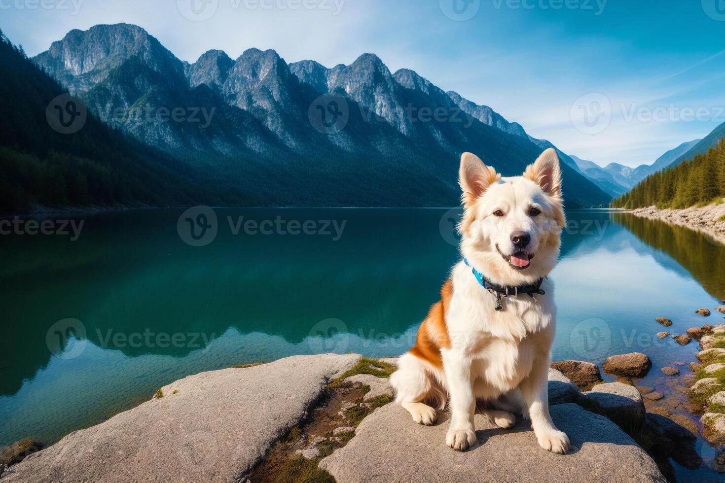 Portrait of a cute mixed breed dog lying on the grass in the park. photo