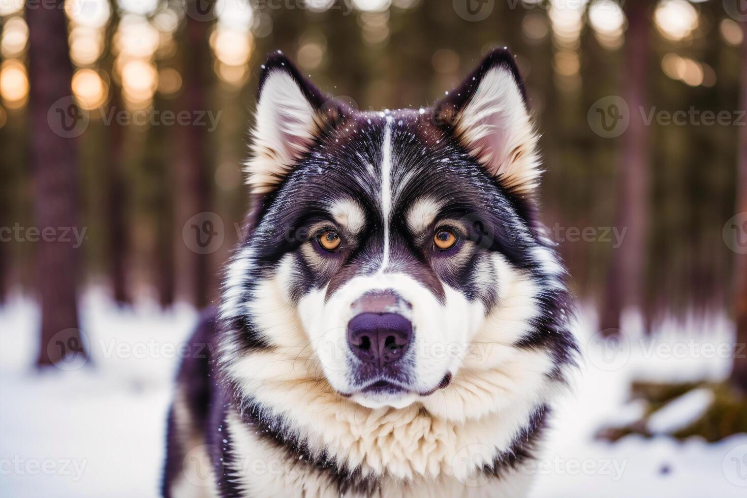 Portrait of a beautiful Alaskan husky dog in the park. Siberian Husky dog with blue eyes in winter forest. photo