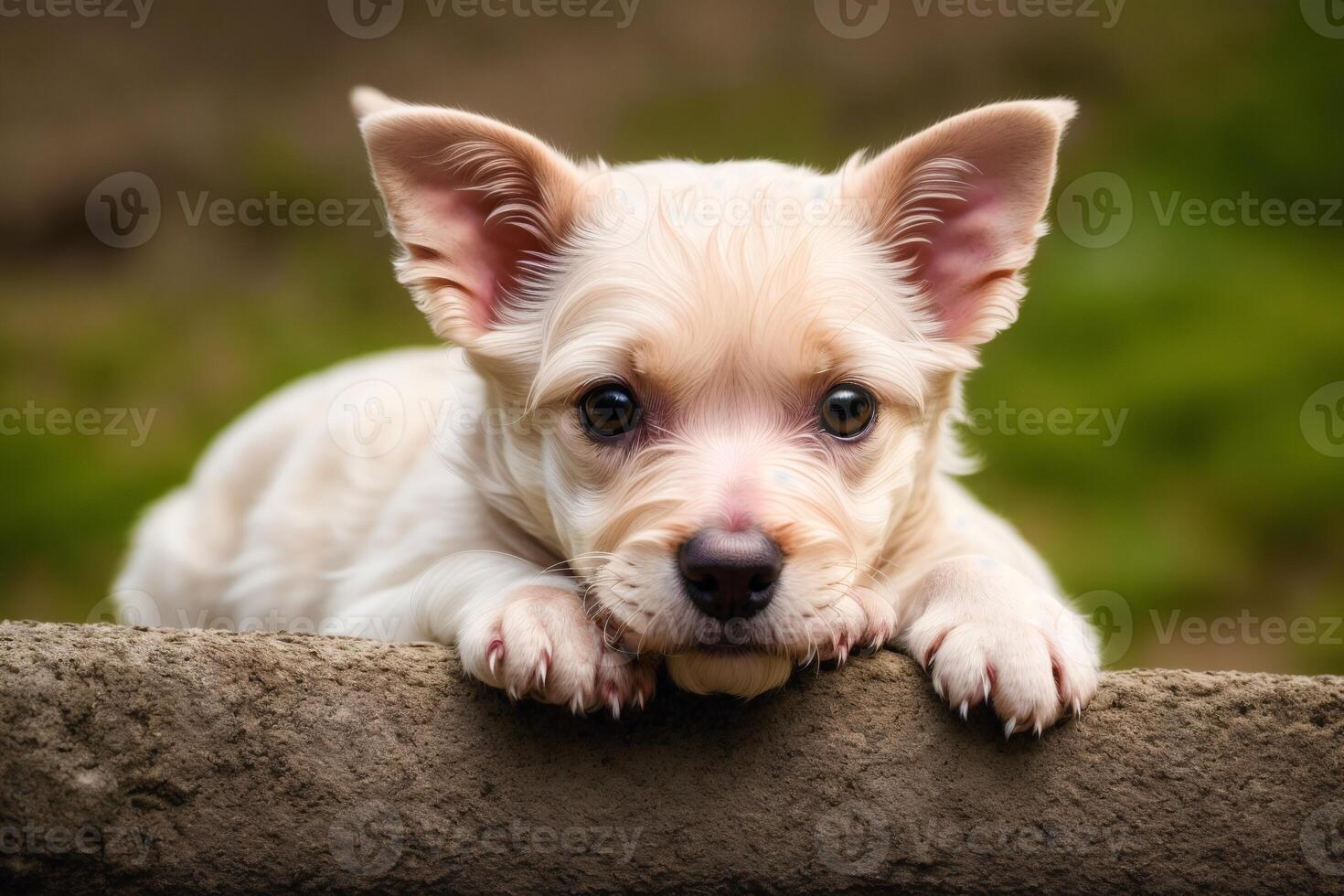Portrait of a Cute puppy of the Yorkshire Terrier dog standing on the green grass in the park. photo
