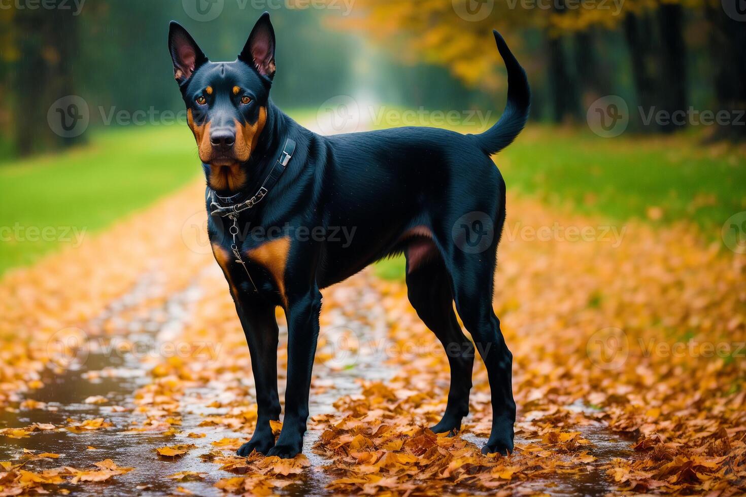 Portrait of a beautiful purebred doberman dog in the park. photo