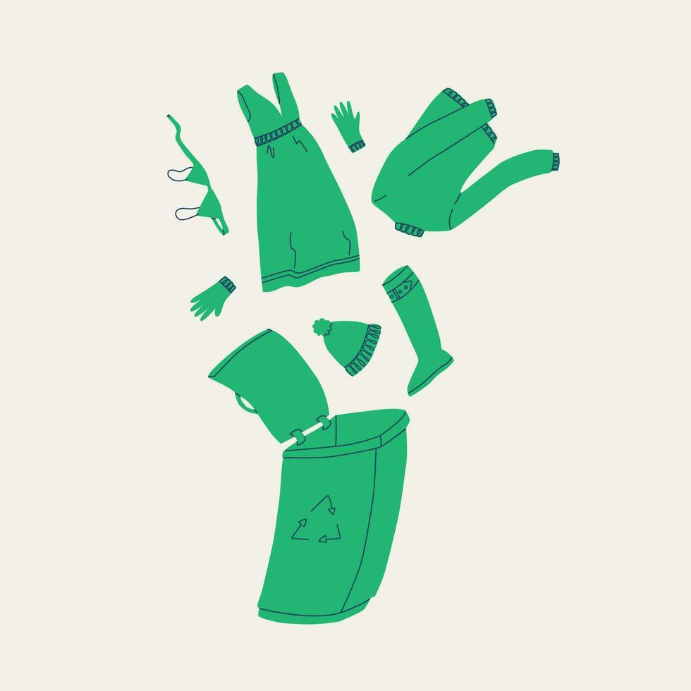 Recycling of clothes and textiles. Women's clothing will be sent to a recycling bin. Vector illustration of the concept of conscious consumption, reuse and donation.