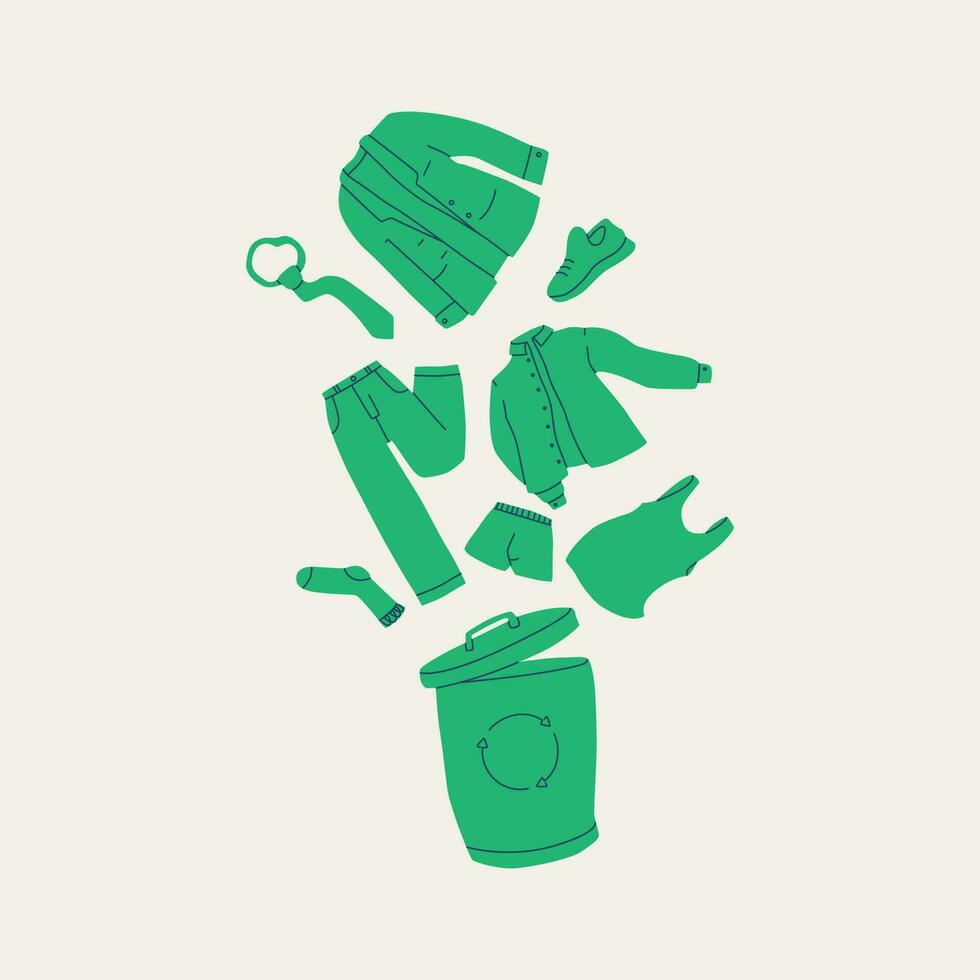 Recycling of clothes and textiles. Men's clothing will be sent to the trash can. Shirt, jacket, tie, boots, pants, briefs, etc. concept of conscious consumption, reuse and donation. vector