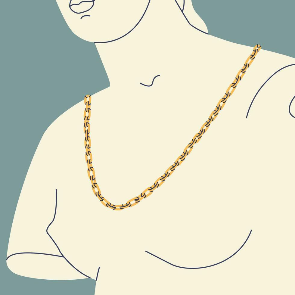 Fragment of an ancient Greek statue of a woman with a golden chain around her neck. Antique sculpture with modern elements. Vector trendy illustration.