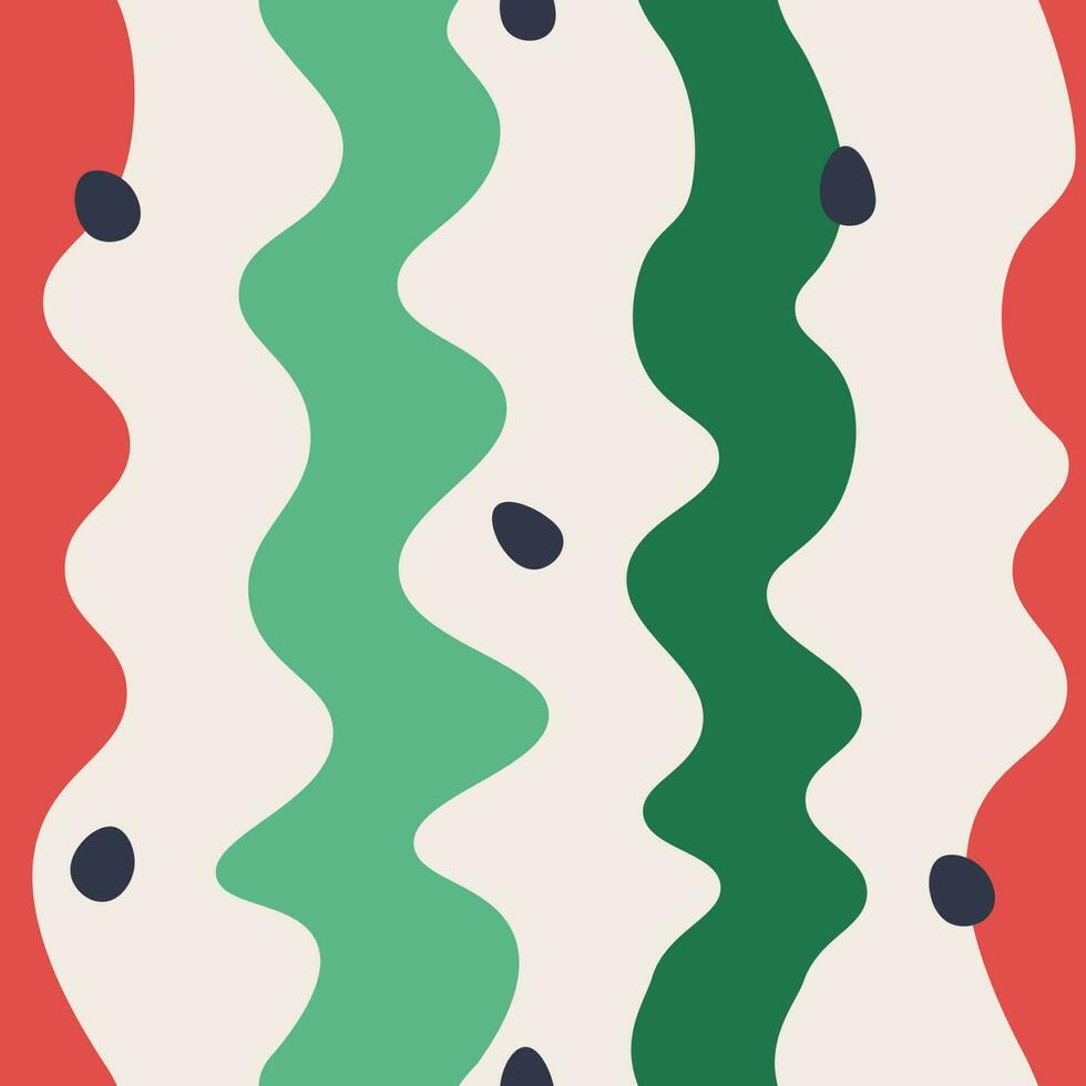Abstract vector seamless pattern. Green and red repeating stripes and watermelon seeds. Ideal for your design.