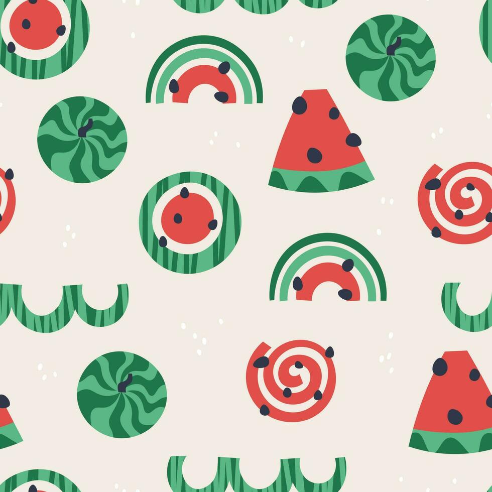 Watermelon and abstract shapes. Vector seamless pattern. Green and red repeating elements for print and design.