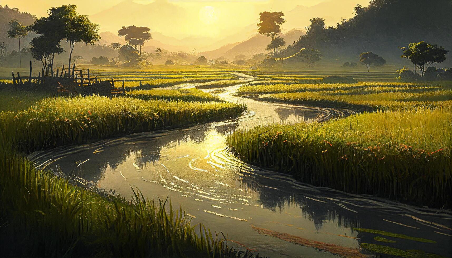 A rice fields with a river flowing through with morning sunlight shining created with technology photo