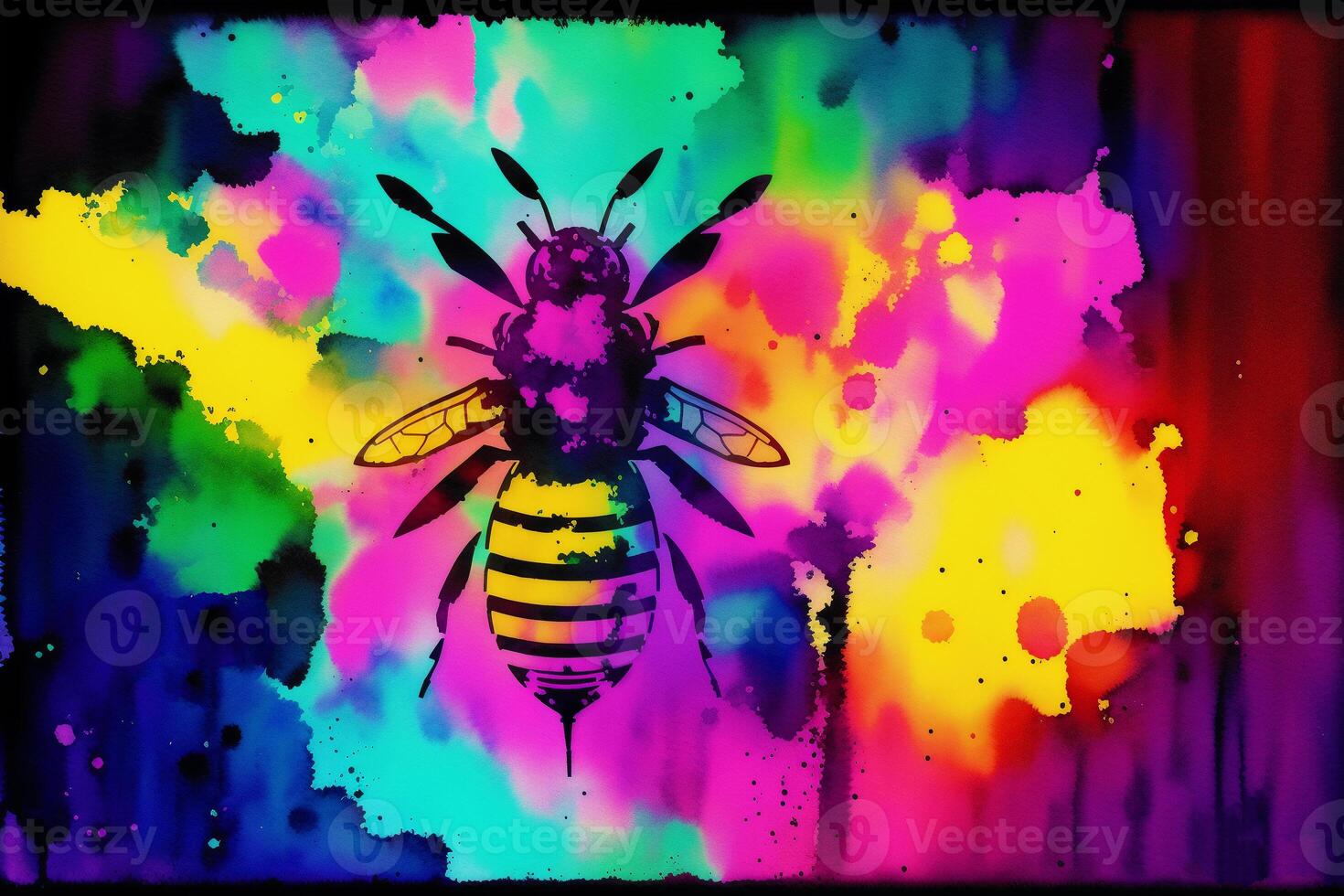 Illustration of a bee on a colorful background with flowers and blots. Digital art, photo