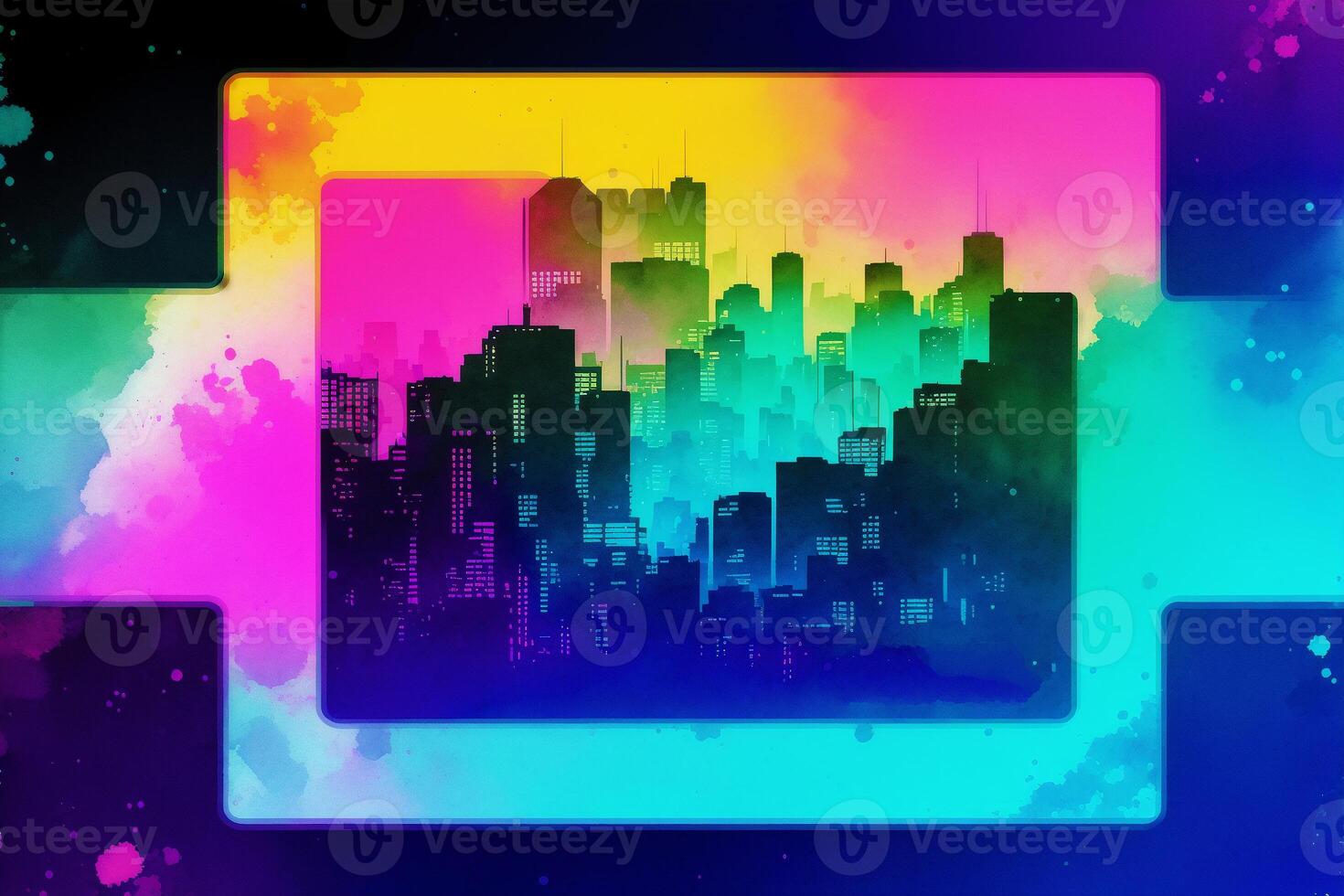 Abstract colorful watercolor background with skyscrapers. beautiful silhouette of the city. Digital art, photo