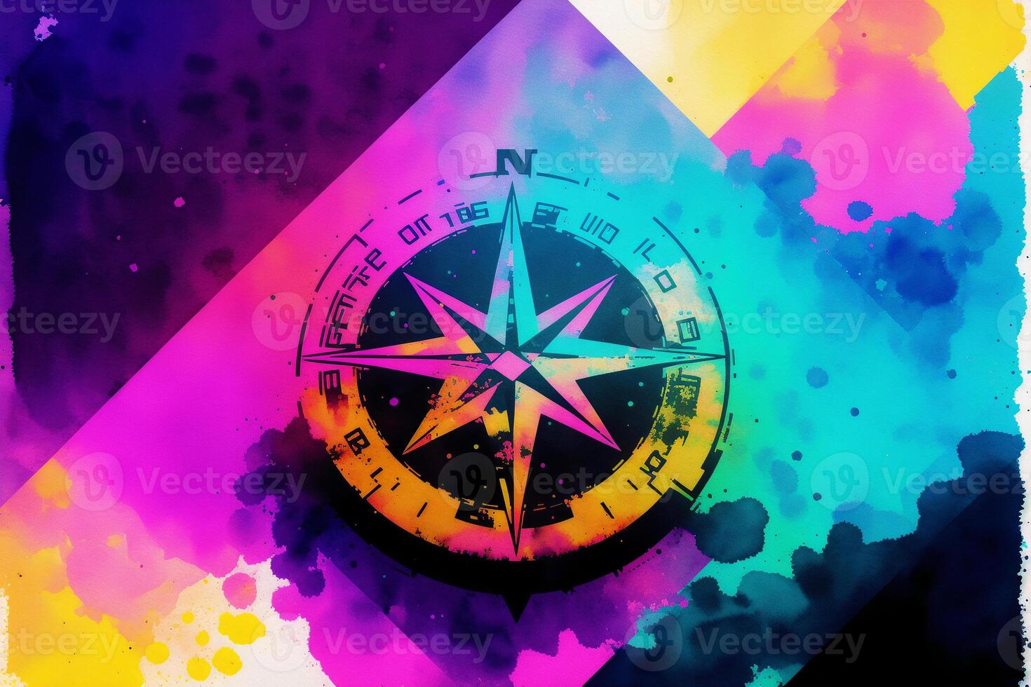 Compass on watercolor background with space for your text or image. Digital art, photo