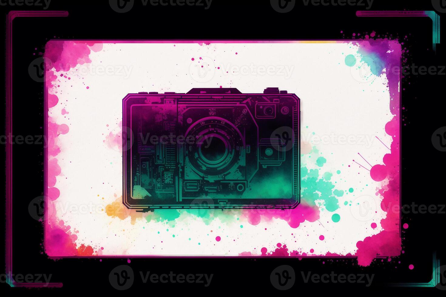 Digital camera with colorful watercolor splashes. Abstract colorful background. Watercolor paint. Digital art, photo