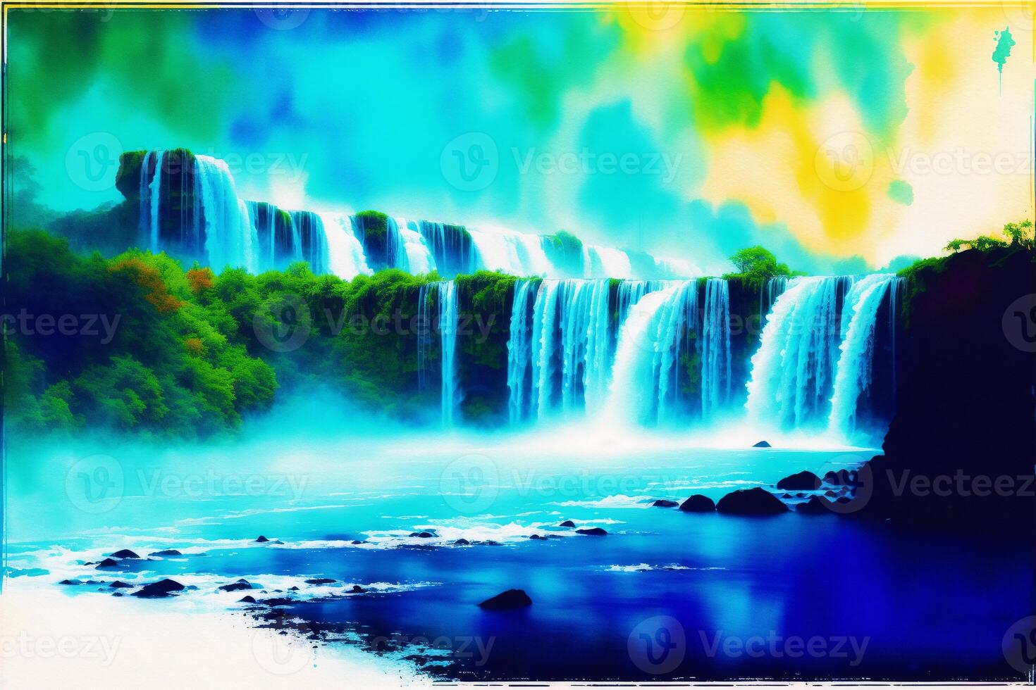 Waterfall on the river. Colorful abstract background. Digital painting. Watercolor paint. photo